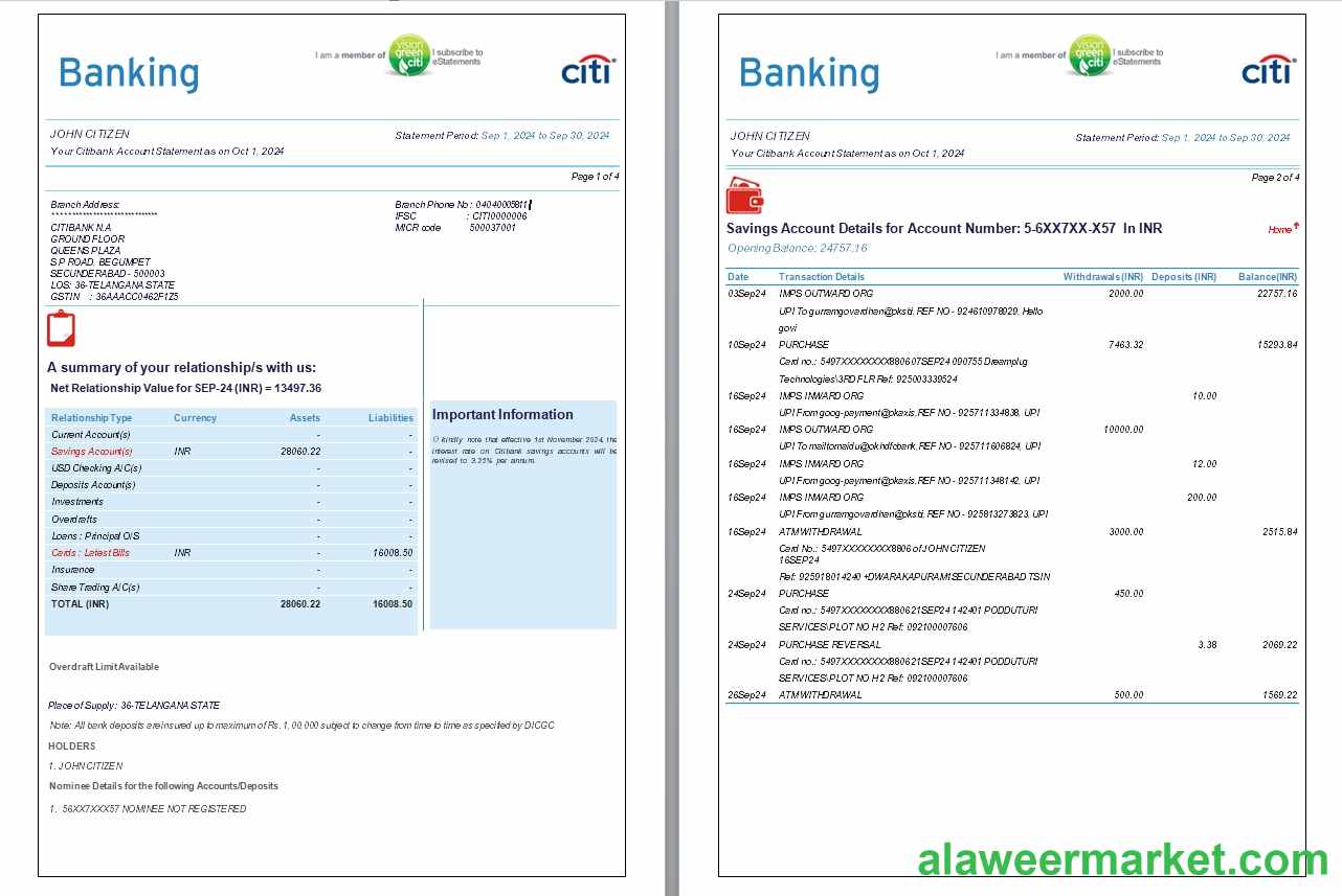 India Citibank bank statement, 6 pages, 1-2 scr